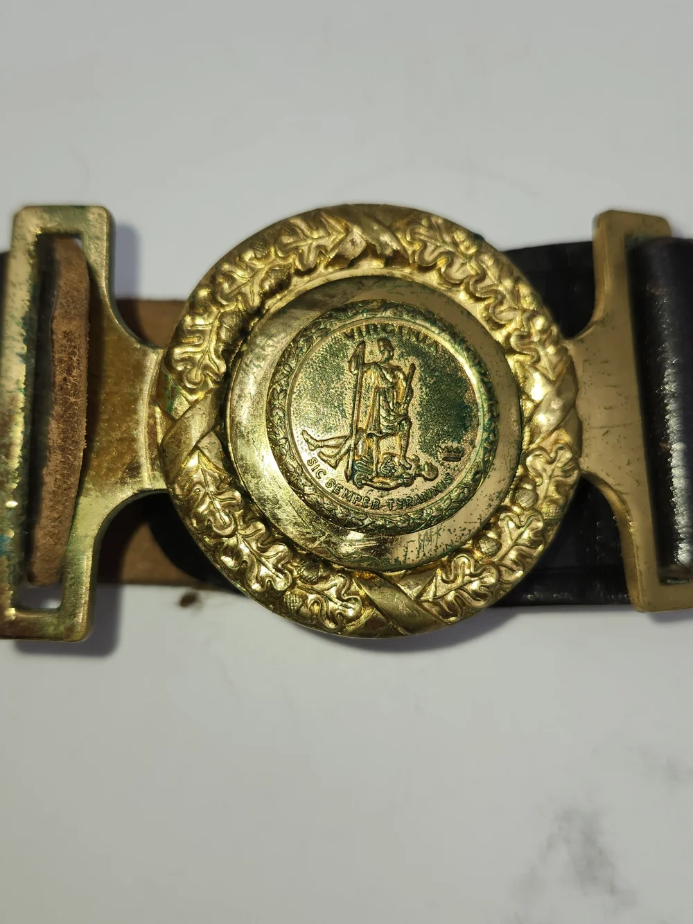 Antique Civil War style Sword Belt Virginia Tongue & Wreath Buckle on leather